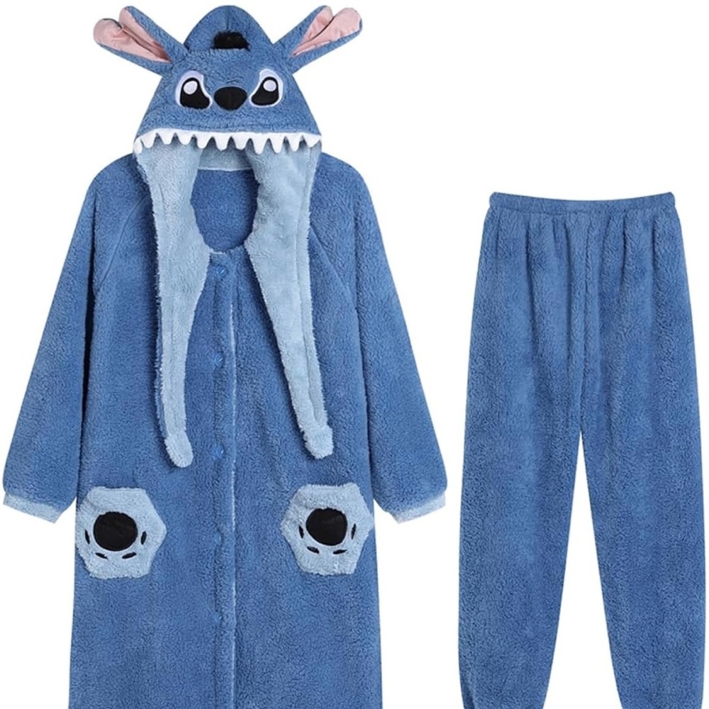 Women's Cute Robe Button Bathrobe - Hooded Plush Sleepwear with Kawaii Pattern